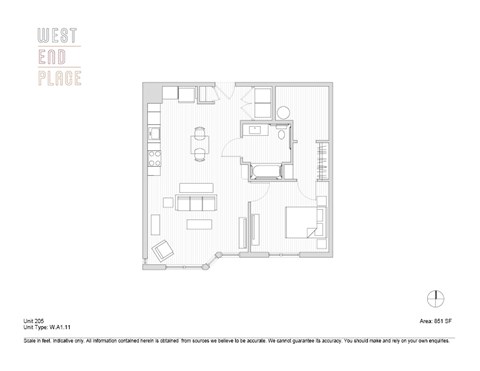 Floor plan for 1 bed, 1 bath, 851 sqft